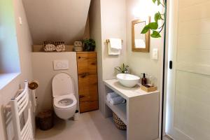 ein kleines Badezimmer mit Toilette und Waschbecken in der Unterkunft Riverview cabin in Straža