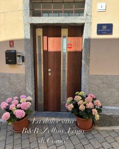a building with two potted plants in front of a door at La dolce vita in Zelbio
