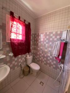 a bathroom with a toilet and a sink and a red curtain at Djerba Sérénité in Houmt Souk +13 photos