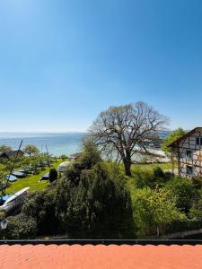 a view of the ocean from a building with a tree at Irseer Hof in Hagnau in Hagnau