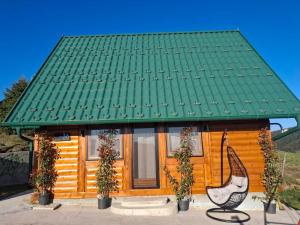 a small wooden house with a green roof at Brvnara Zoja - Zlatar in Prorečane