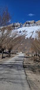 an empty road with a snow covered mountain in the background at Ochre Spiti in Lara