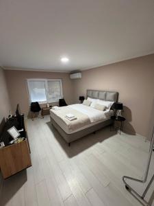 a bedroom with a bed and a desk and a television at Apartmani Gala Foča in Foča +39 photos