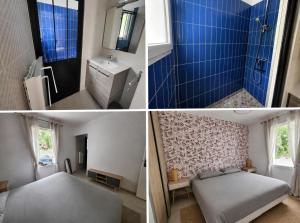 three pictures of a bedroom with a bed and a bathroom at Villa 2 étoiles Etxe Xumea in Aldudes