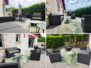 a group of four pictures of a patio with chairs and tables at Villa 2 étoiles Etxe Xumea in Aldudes +1 photo