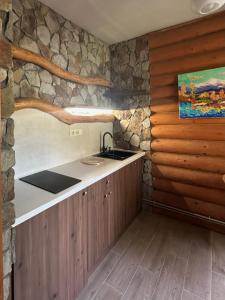 a kitchen with a sink and a stone wall at Будинок Художника in Synevyrsʼka Polyana