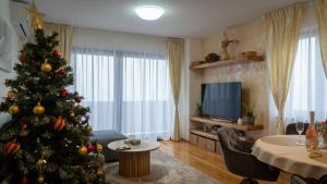 a living room with a christmas tree and a tv at Lake View in Fužine