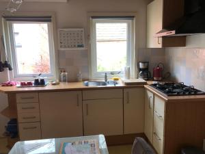 a kitchen with a sink and a stove and two windows at De Merel in Pieterburen +3 photos