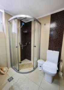 a bathroom with a shower with a toilet at Patithries Apartments in Kalymnos +21 photos