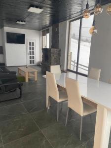 a living room with a table and chairs and a fireplace at Chalet Trushnyi in Palyanytsya