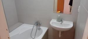 a white bathroom with a sink and a shower at Vilem in Komárov