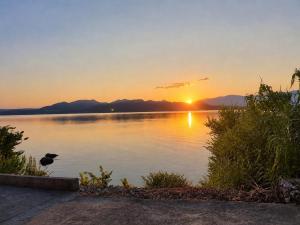 a sunset over a lake with a bird in the foreground at Salt and Sun in Nikiana