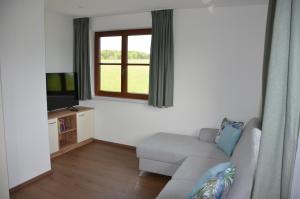 a living room with a couch and a window at Haus Gruber in Attersee am Attersee