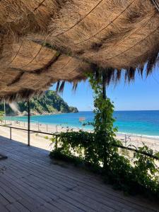 a view of a beach with a straw umbrella at Oasis on the Beach in Himare