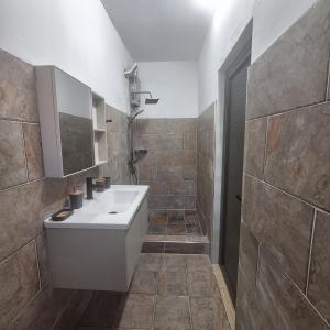 a bathroom with a white sink and a shower at Oasis Mountain Retreat in Le Morne