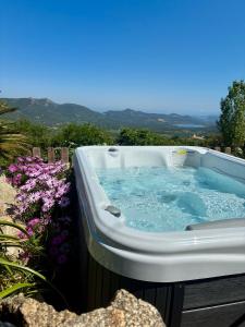 a bath tub sitting on a deck with flowers at U Sognu in Muro