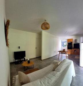 a living room with a couch and a television at Ti case Margot - Maison avec piscine à Manapany in Saint-Joseph