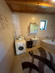 a bathroom with a washing machine and a sink at Summer house near the forest in Dybki +15 photos