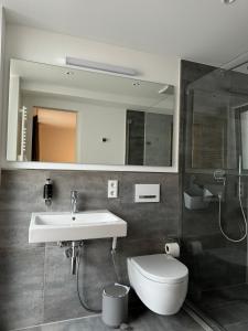 a bathroom with a sink and a toilet and a mirror at MUNICH FINEST APARTMENTS in Munich +163 photos