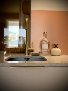 a kitchen sink with a bottle of soap and a soap dispenser at Elegance Bretonne in Pléneuf-Val-André +21 photos