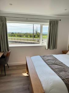a bedroom with a bed and a large window at Trelawney in Coleraine