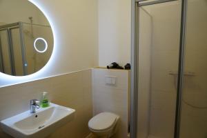a bathroom with a toilet and a sink and a mirror at Ostseelandhaus DHH Wendy 1 in Proseken
