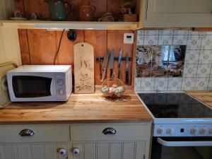 a kitchen counter with a microwave and a knife block at Stastugan in Grönhult