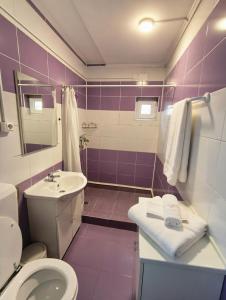 a purple and white bathroom with a toilet and sink at Vila Magica in Constanţa +34 photos