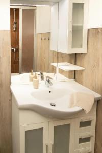 a bathroom with a white sink and a mirror at Familien-Ferienanlage Seefeldt in Freest +53 photos