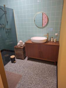 a bathroom with a sink and a mirror at B&B Boudevino in Lekkerkerk