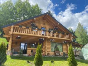 a log cabin with a porch and a greenhouse at Cabana La Bălănuț din Bucovina in Colacu