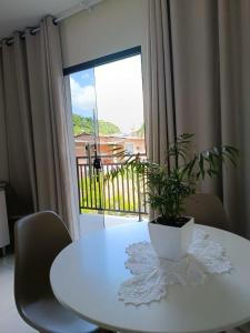 a white table with a potted plant on it in front of a window at Apartamento de dois quartos centro de Pomerode in Pomerode