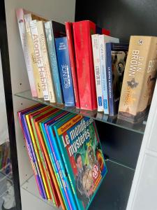 a row of books on a book shelf at Loft a cinq minute de la plage in Temara +15 photos