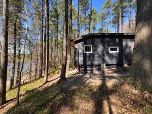 a small black cabin in the middle of the woods at Kaszuby Mały Domek in Potuły
