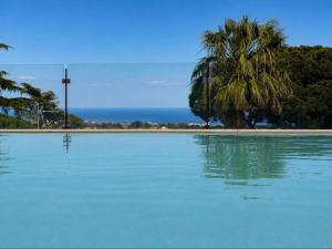 a pool of water with a palm tree and the ocean at Viscalori Homes in Viagrande