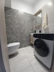 a bathroom with a washing machine and a toilet at Velania House 2 in Filótion +38 photos