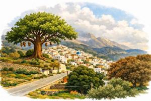 a painting of a city with a tree and a road at Velania House 2 in Filótion