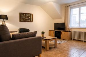 a living room with a couch and a tv at Le Saint-Cyr Issoudun - Cosy, Spacious & Downtown in Issoudun