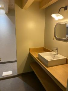 a bathroom with a sink and a mirror at La Pousterle - Gîte in Salettes