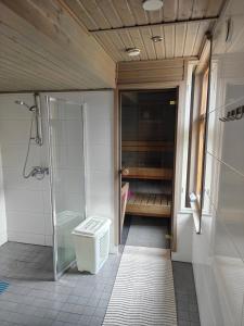 a bathroom with a walk in shower and a toilet at Ranta mökki in Kouvola