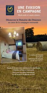 a flyer for a hotel room with a bed and a poster at La Crinière d'Or - Entre mer et campagne in Bonneville-la-Louvet