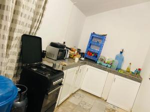 a small kitchen with a stove and a microwave at The calm Stay in Nkoanrua