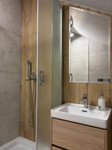 a bathroom with a sink and a shower at Poddasze Na Mazurach in Pisz