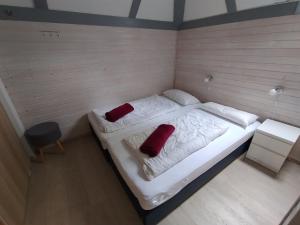 a bed in a room with two red pillows on it at Seeparkurlaub, Hessen in Kirchheim
