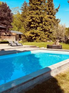 a swimming pool in the yard of a house at Tiny House im Almtal in Pettenbach