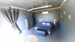a bedroom with a bed and a blue wall at LIntemporel in Saint-Sornin