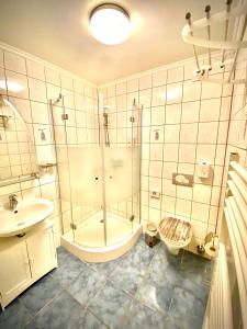 a bathroom with a shower and a toilet and a sink at Gasthaus Goldener Anker in Gemünden