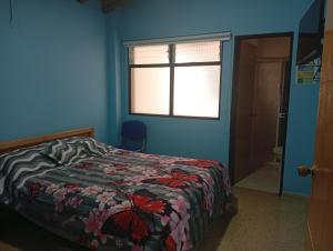 a blue bedroom with a bed and a window at Hotel la perla del pereira in Rionegro