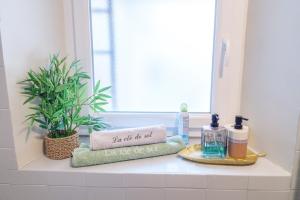 a bathroom counter with a window and a shelf with cosmetics at Jolie maison cosy in Saint-Uze