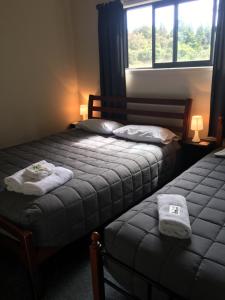 Dos camas en un dormitorio con toallas. en Bay Road Motels, en Haast